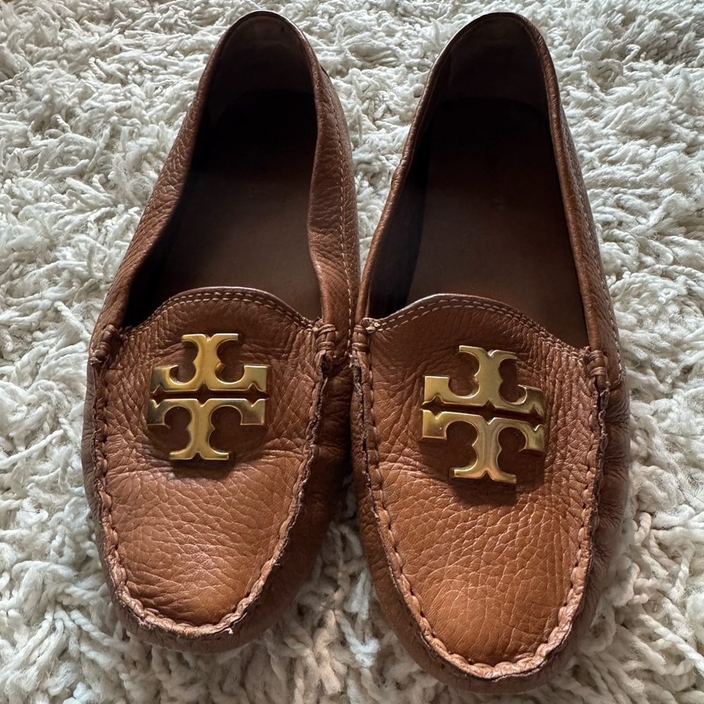TORY BURCH Brown Leather Loafers with Gold Logo